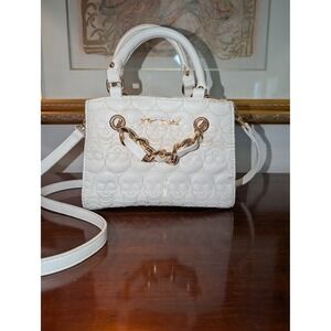Betsey Johnson Cream Quilted Skull Satchel Crossbody Bag Gold Chain Detail
